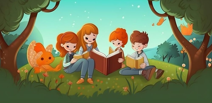 孩子们学生坐着草丛看书背景