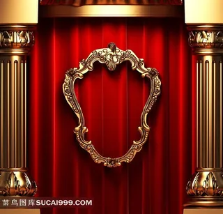 金色罗马柱金色相框在红色幕布上
