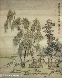 清代巨然仿古画册水阁赏柳国画图片 清代巨然仿古画册水阁赏柳国画图片