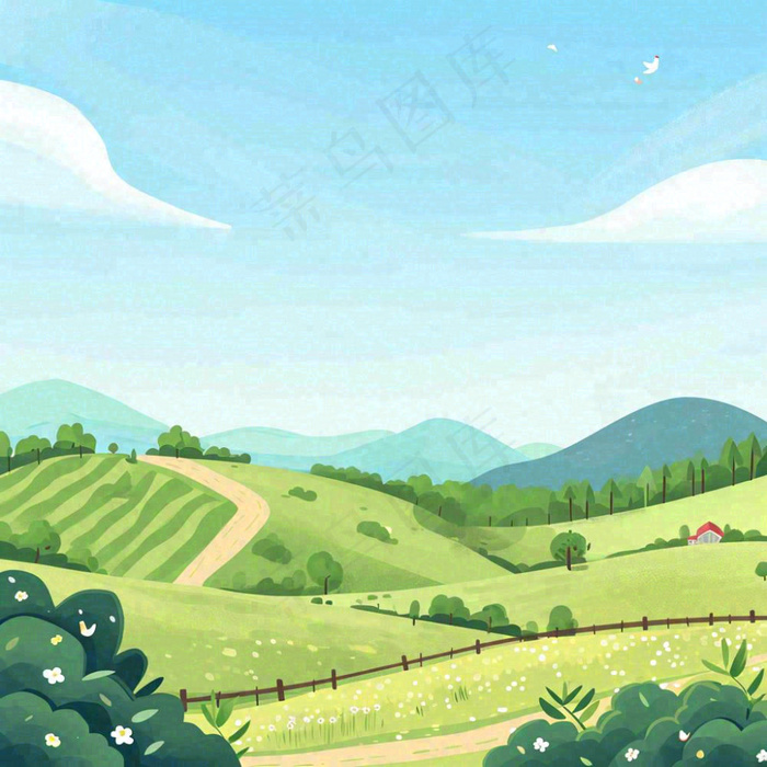 春天清新山脉田间草地绿植手绘插画(1024x1024)