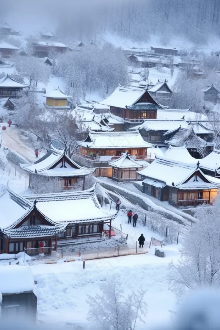 冬天白雪覆盖的小村庄雪景摄影图(2688x4032)