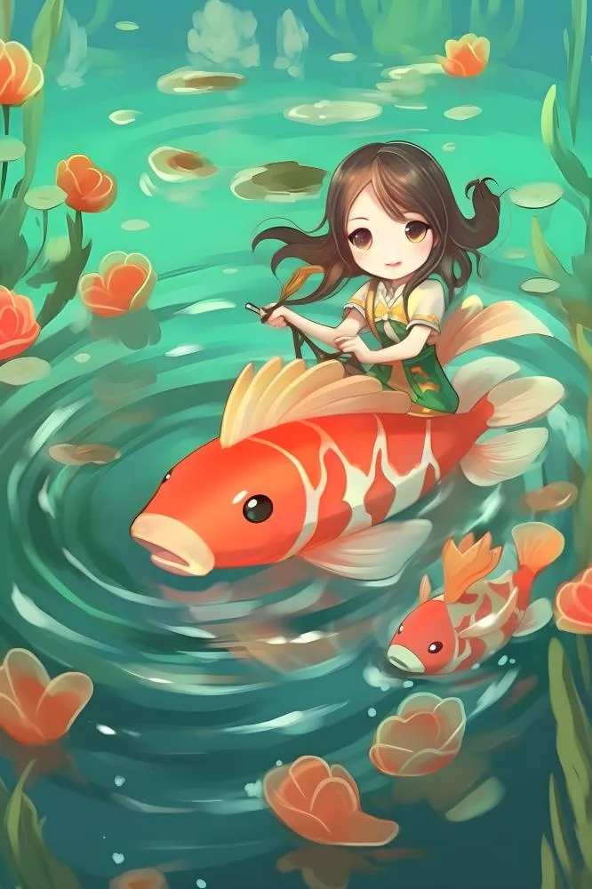 湖水水草金鱼女孩插画背景(2400x3600)