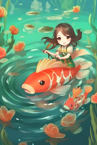 湖水水草金鱼女孩插画背景