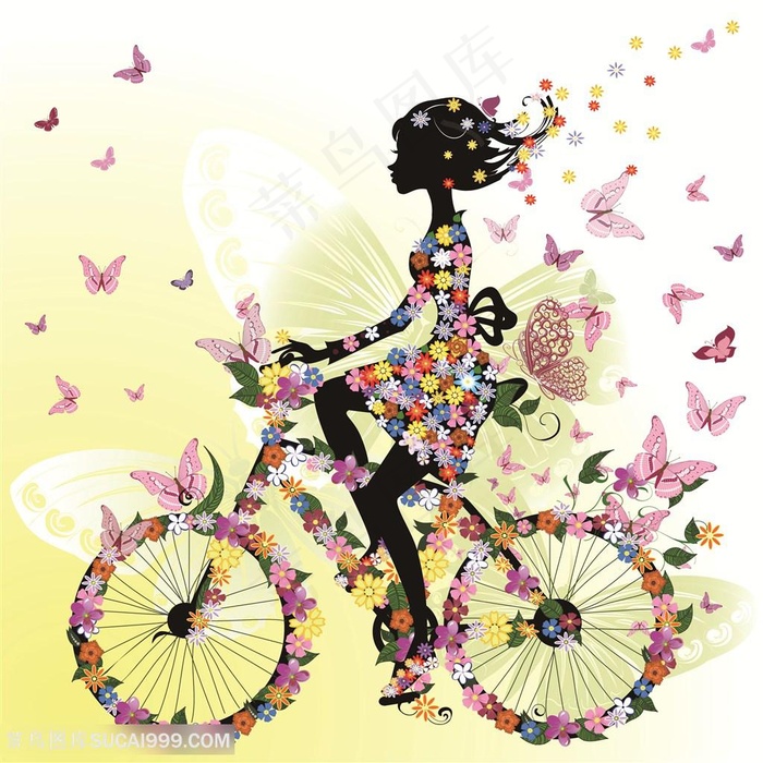 蝴蝶骑自行车美女插画