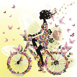 蝴蝶骑自行车美女插画