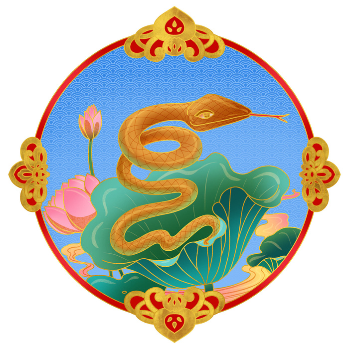 中国风国潮十二生蛇肖手绘烫金插画春节剪纸元素PSD设计素材