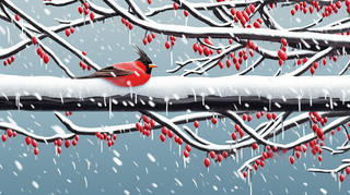 下雪天红色果实的树枝是铺满了雪和小鸟