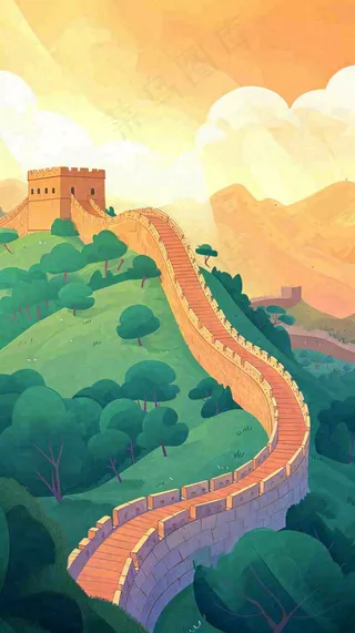 万里长城中国历史建筑扁平插画手绘，简约大气中国风