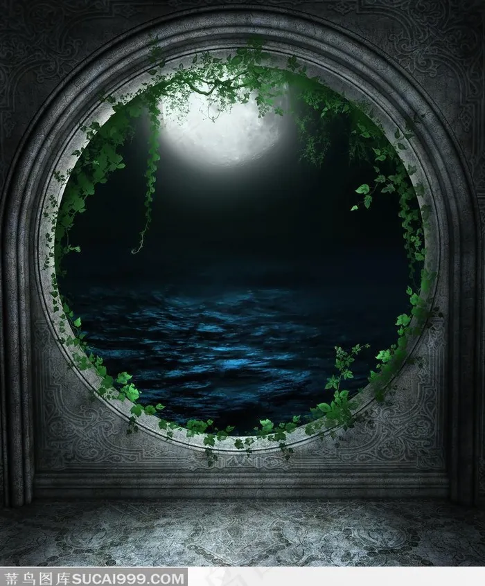 石质雕花圆形落地窗老旧的盘着藤蔓和窗外月光