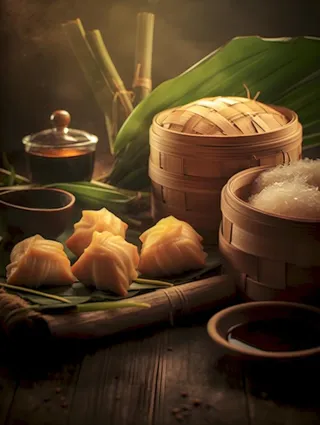 笼屉糕点饭团食物实物场景背景