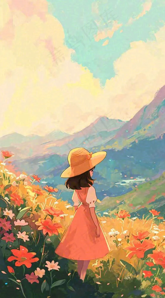 油画女孩春天踏青郊游山脉鲜花草地，春分，插画手绘(816x1472)