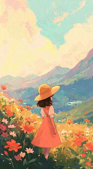 油画女孩春天踏青郊游山脉鲜花草地，春分，插画手绘
