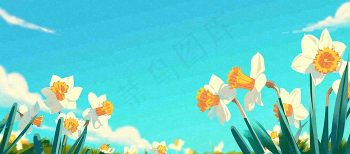春天清新草地小花蓝天白云，鲜花向阳手绘插画(1632x720)
