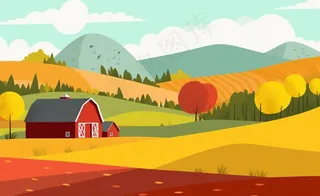 乡村村庄美丽风景河流插画农田插画背景