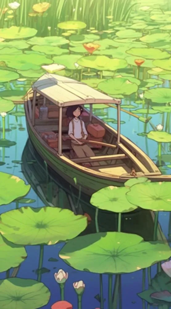荷花荷叶池里划船的少年绿色插画背景(665x1200)