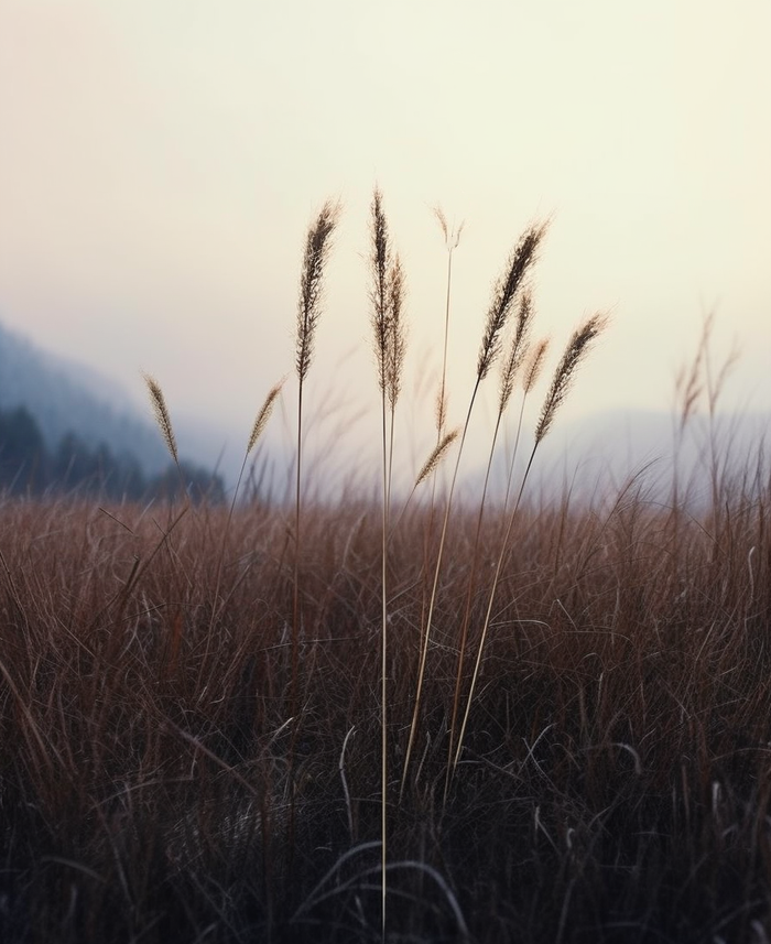 a couple of tall grass sitting in the middle of a field, an album cover by Zou Zhe, tumblr, land art, jungian symbols of winter, 中 元 节, tian zi 