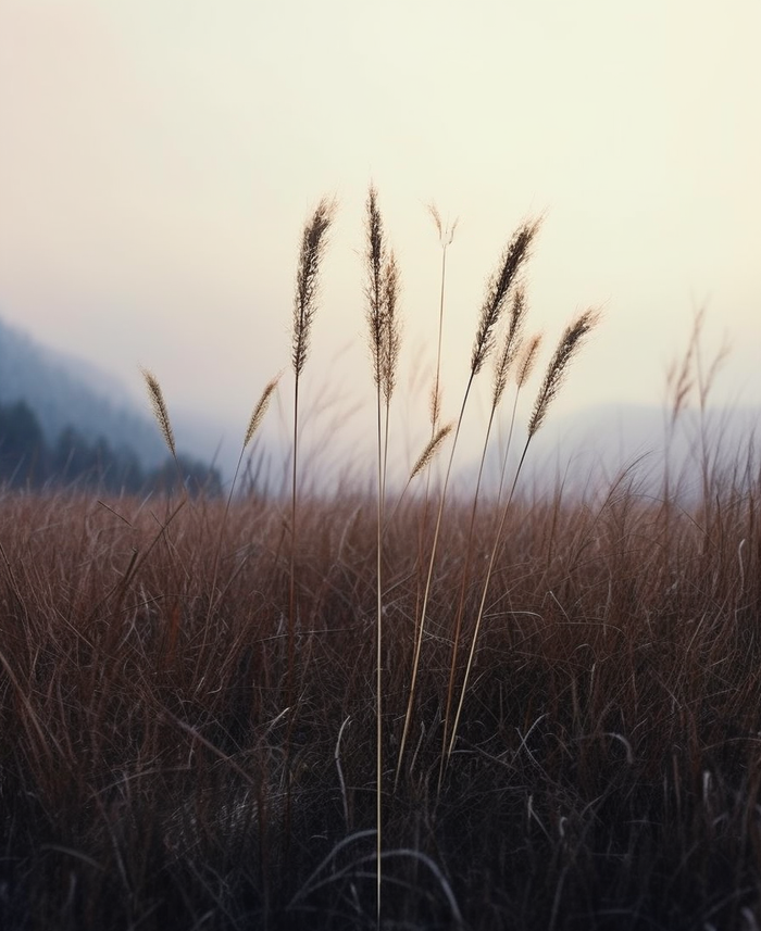 a couple of tall grass sitting in the middle of a field, an album cover by Zou Zhe, tumblr, land art, jungian symbols of winter, 中 元 节, tian zi (2688x3291)