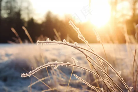 白霜覆盖着草地清晨摄影图