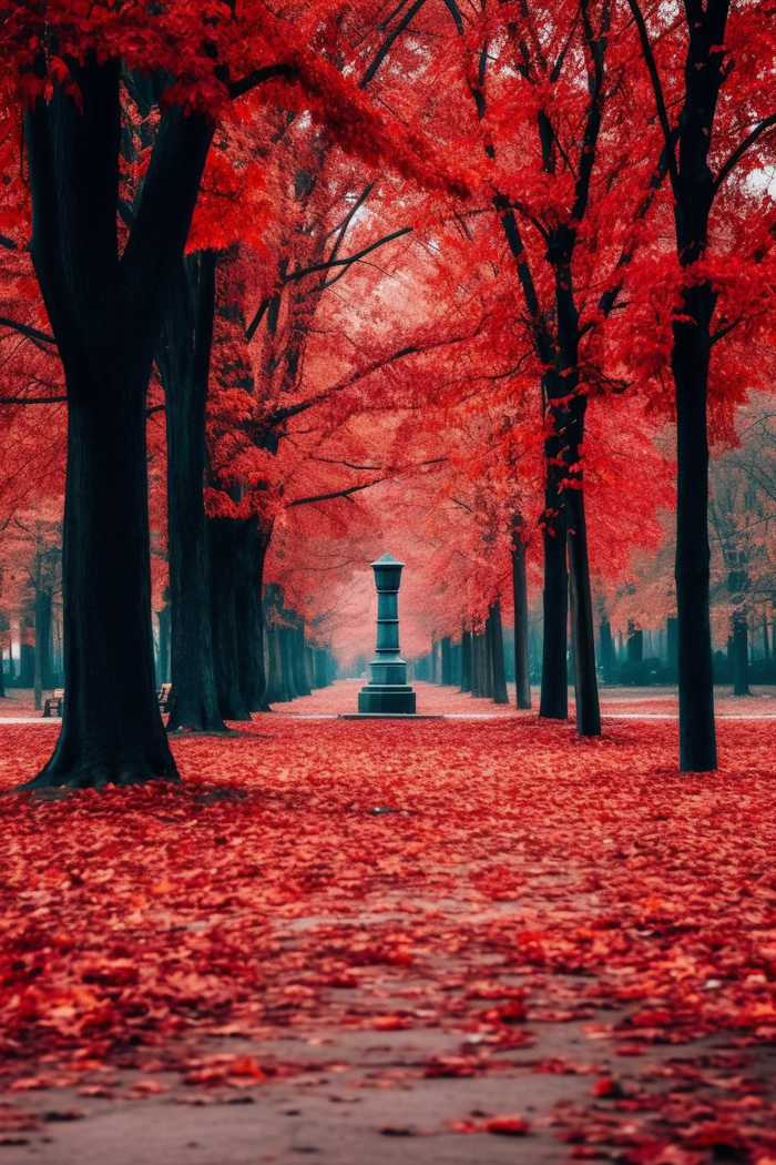 秋天公园深红色树叶树落叶摄影图