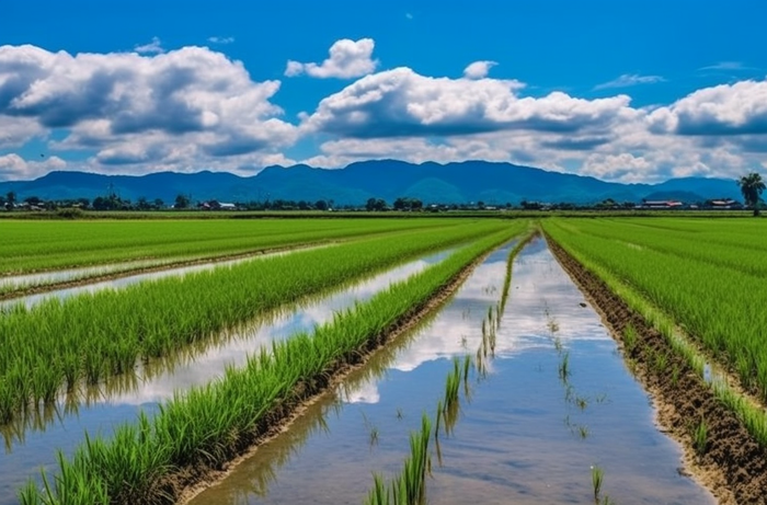 背景是蓝天的绿色稻田插秧摄影图