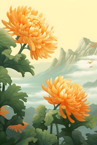 菊花国风山水插画