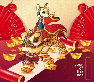 手绘新年财神猫红色背景