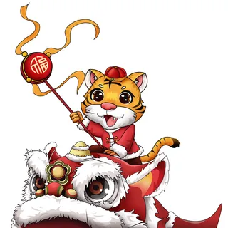 新年春节虎年元宵手绘人物舞狮卡通狮子头插画元素PSD设计素材