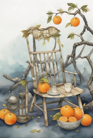 古风橘子树藤椅插画背景