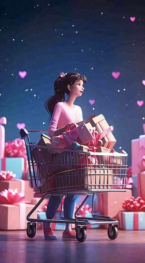 爱心购物车礼物浪漫粉色手推车，3D插画