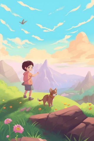 草坪儿童小狗玩耍蝴蝶插画背景