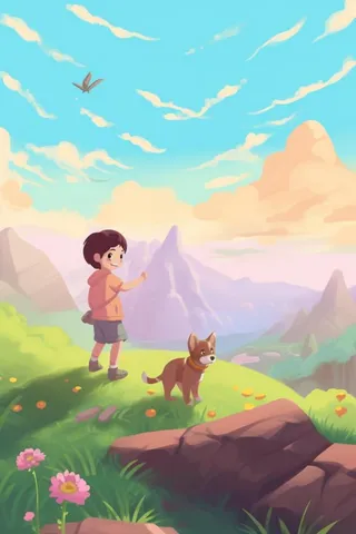 草坪儿童小狗玩耍蝴蝶插画背景