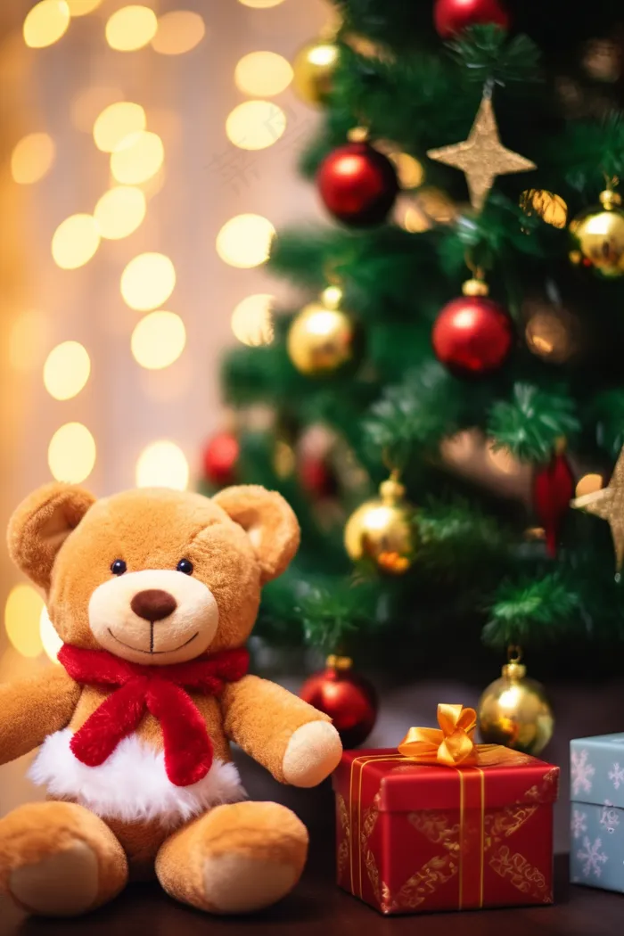 圣诞树礼盒小棕熊礼物节日摄影图(2688x4032)