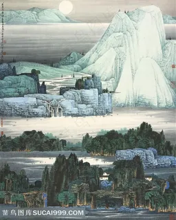 薛亮水墨画巍峨水墨湖畔美景装饰画国画图片