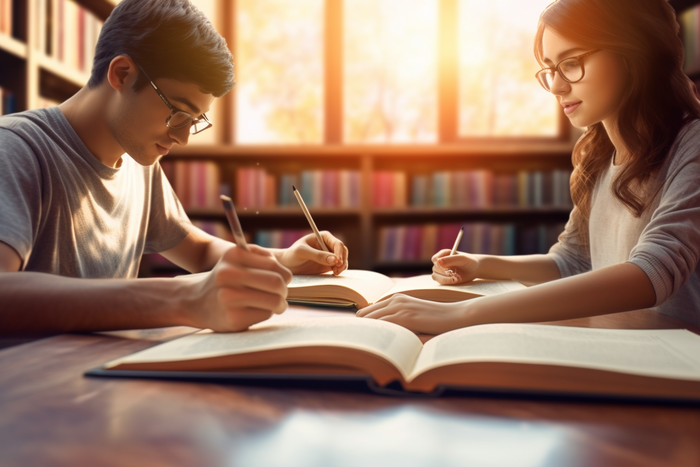 图书馆里坐着长桌学习的学生被阳光照射下摄影图