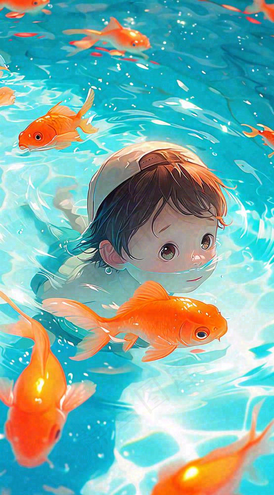 夏日阳光儿童男孩游水游泳泳池，金鱼温馨，夏天