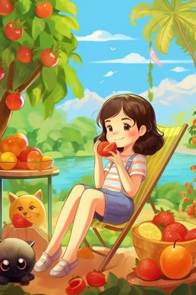 夏日清新女孩吃水果小猫背景(896x1344)