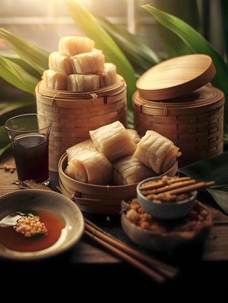 笼屉糕点饭团食物实物场景背景