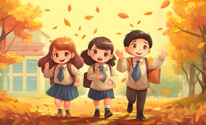 孩子们放学回家落叶欢乐卡通插画背景(3600x2193)