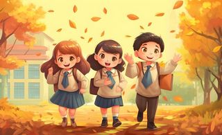 孩子们放学回家落叶欢乐卡通插画背景