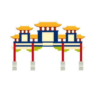 中国风复古式国潮门楼手绘城门插画牌楼建筑AI素材png免扣图