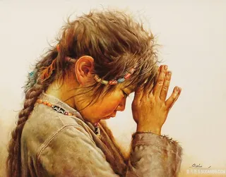 双手合并祷告的女孩油画装饰画