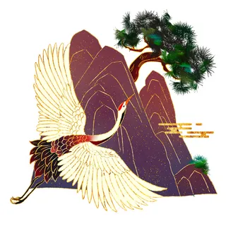 中国风国潮仙鹤山水插画手绘元素场景PSD设计素材