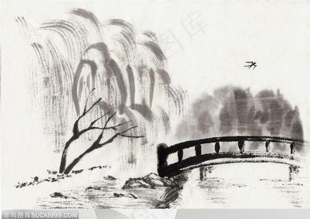 中国水墨山水画小桥流水