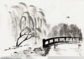 中国水墨山水画小桥流水