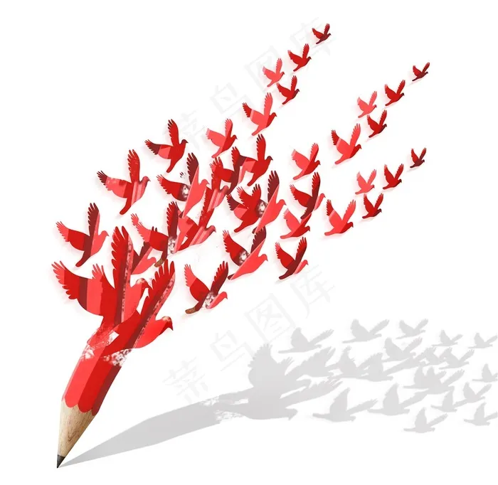 红色铅笔变成的一群红色鸽子高清图片