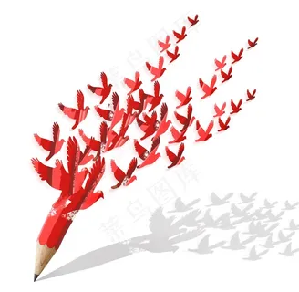 红色铅笔变成的一群红色鸽子高清图片