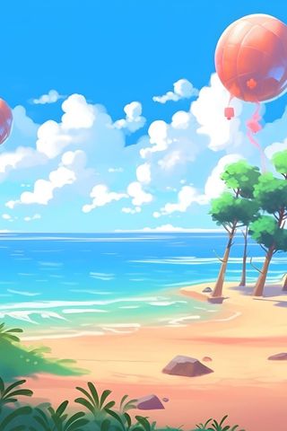 夏日海边气球蓝天白云沙滩背景