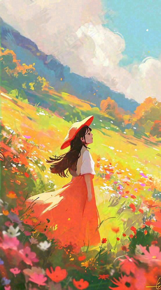 油画女孩春天踏青郊游山脉鲜花草地，春分，插画手绘(816x1472)