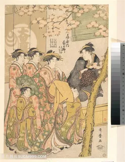 喜多川歌磨作品日式庭院妇人装饰画 喜多川歌磨作品日式庭院妇人装饰画