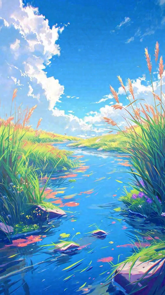 蓝天白云草地溪流春天阳光灿烂的日子春分春风，插画手绘(816x1456)